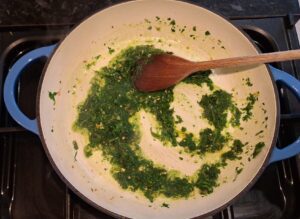 Addition of the coriander paste to the pan