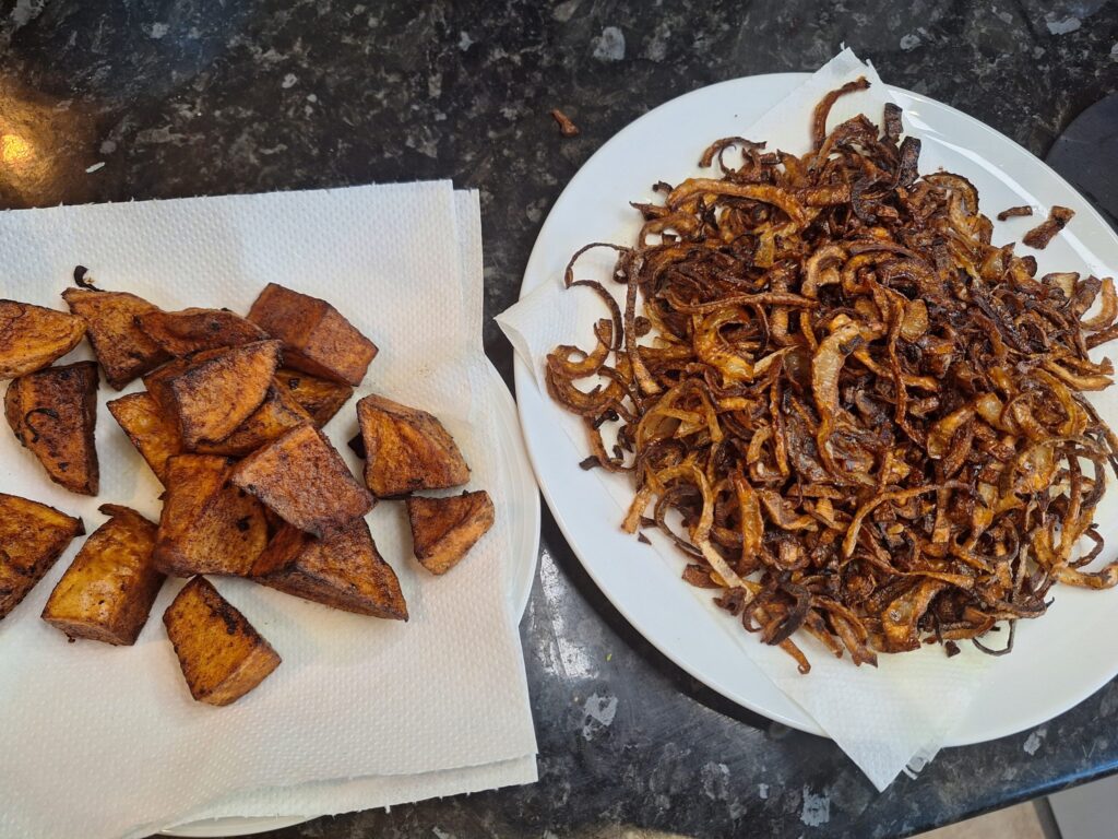 Deep fried onions and potatoes