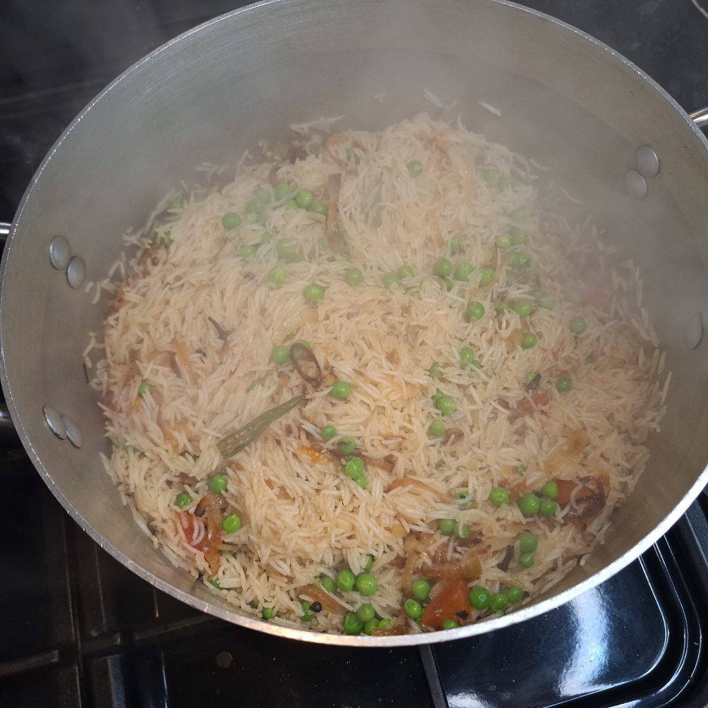 Matar Pulao ready to be steamed
