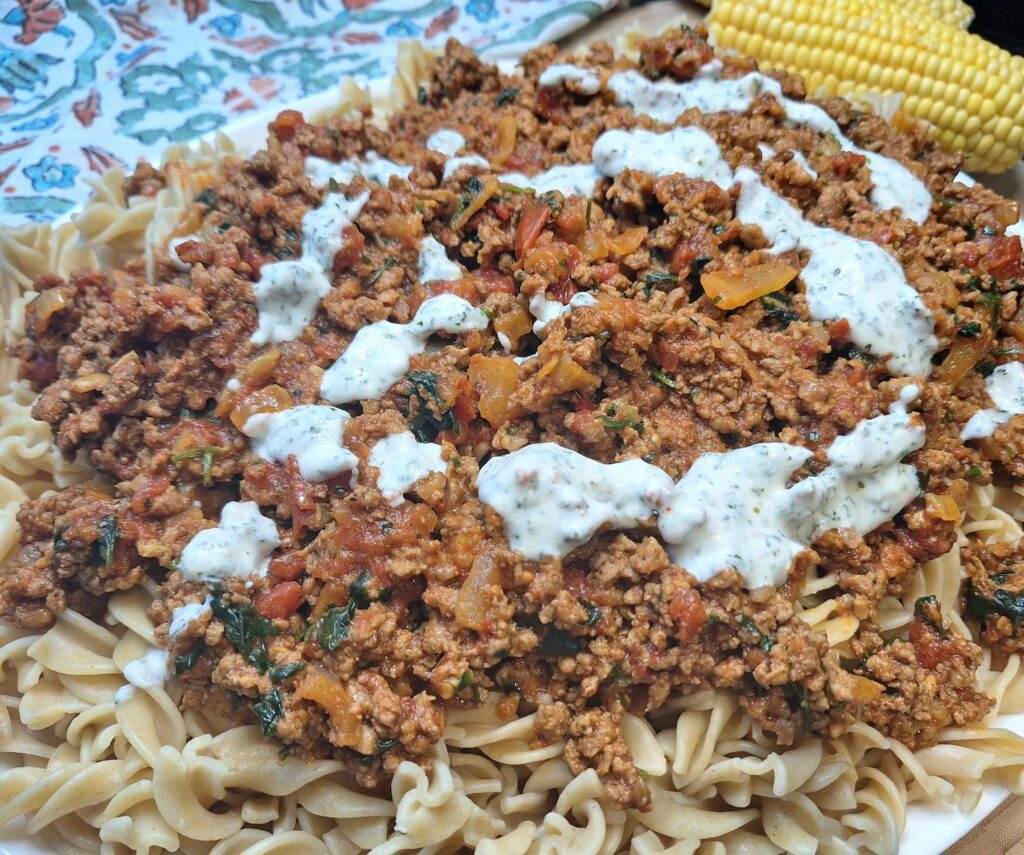 Close up of spicy lamb mince pasta