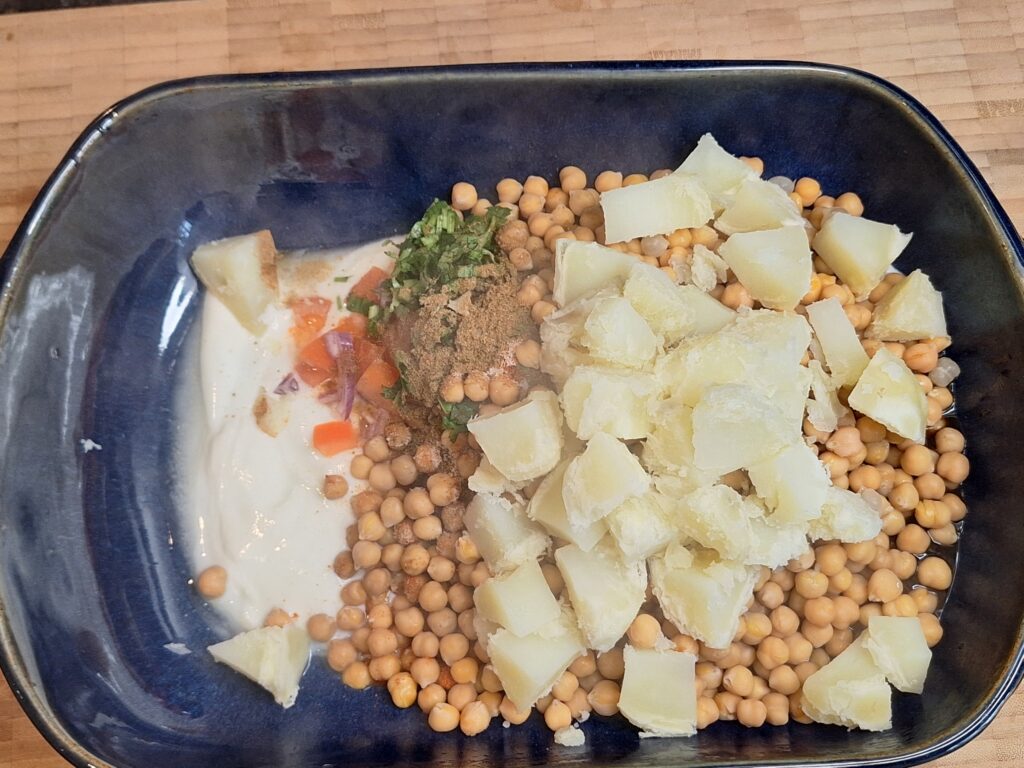 Aloo Chana Chaat ingredients ready to mix