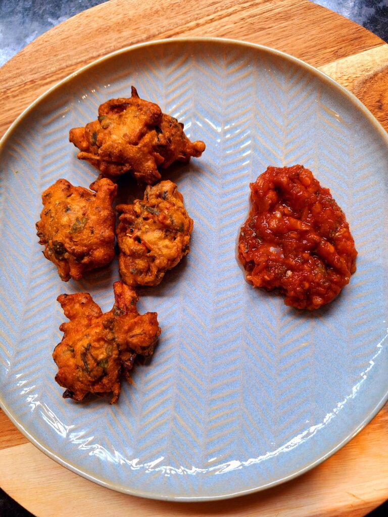Pakoras and tomato chutney