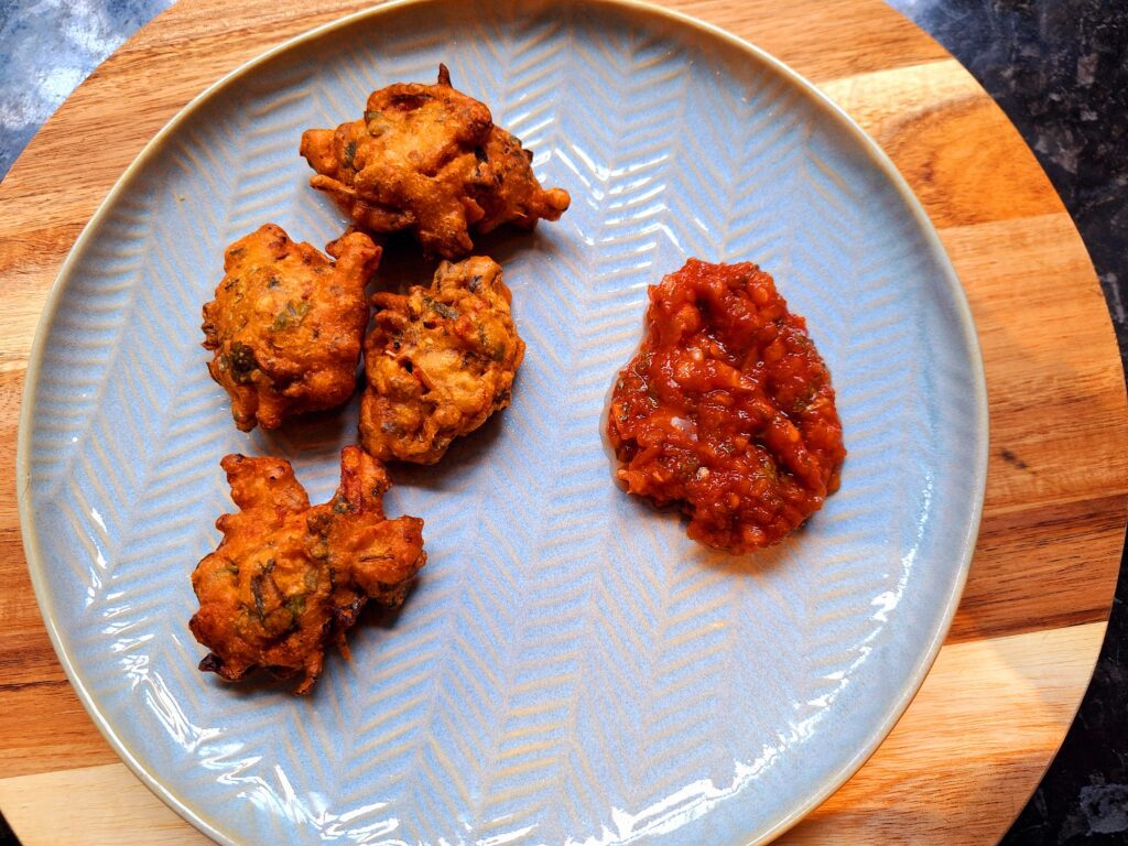 Pakoras and tomato chutney