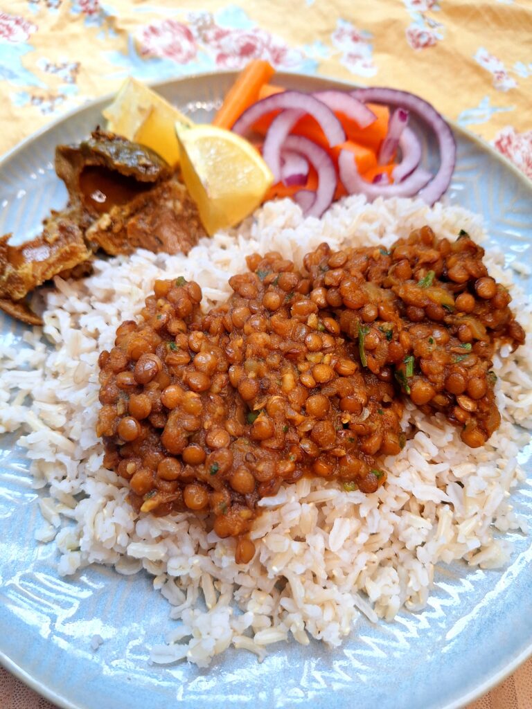 Rich masoor dal served with basmati rice