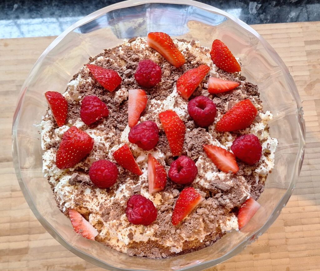 Chocolate trifle, with fruit layer on top