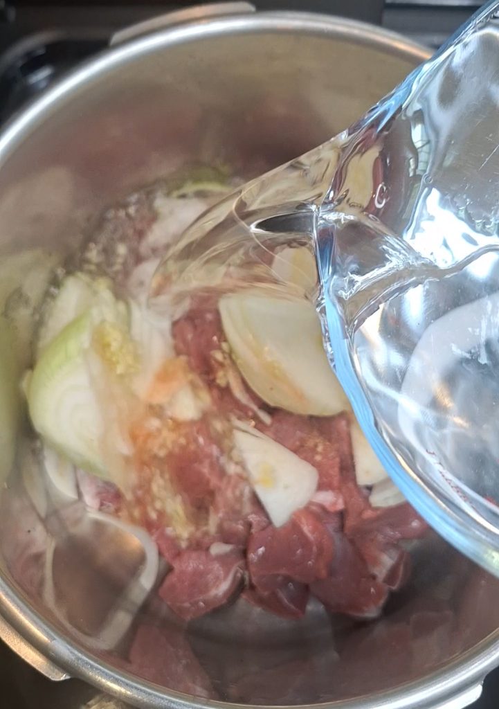 Add lamb, onions, spices and water to pressure cooker