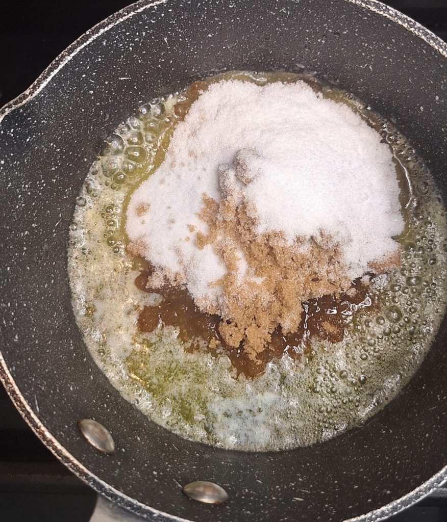 Add butter and sugars to pan